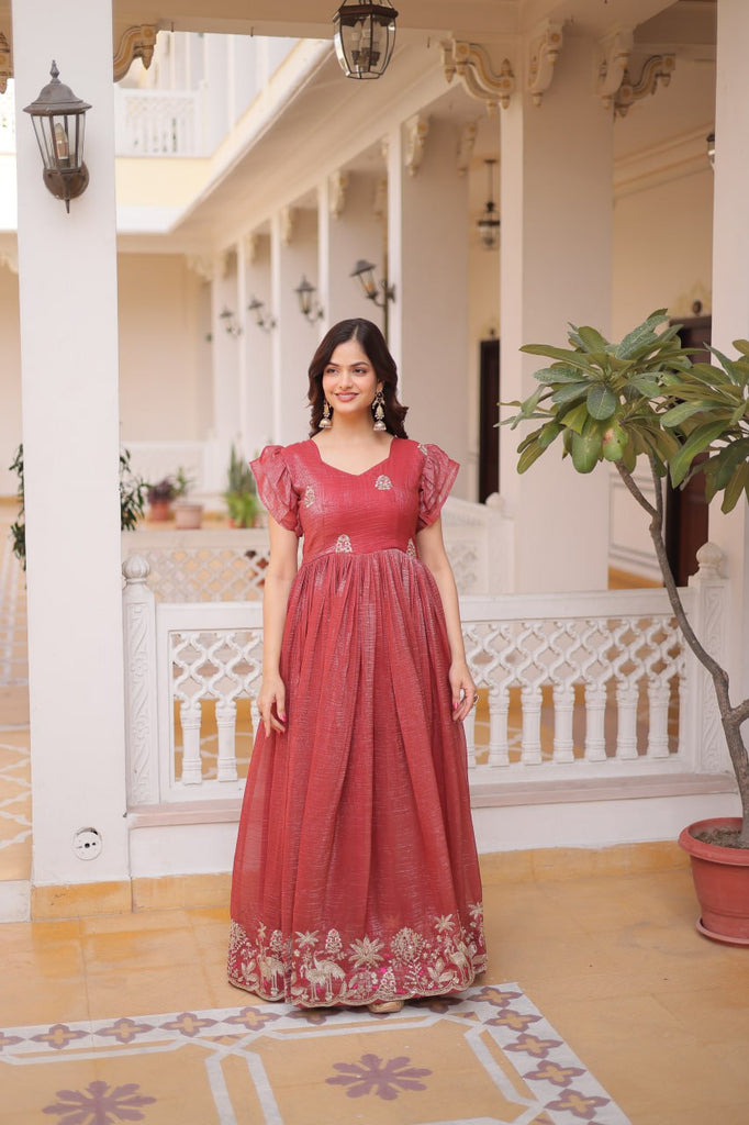 Red Crunchy Gown Double Frill Sleeves ClothsVilla