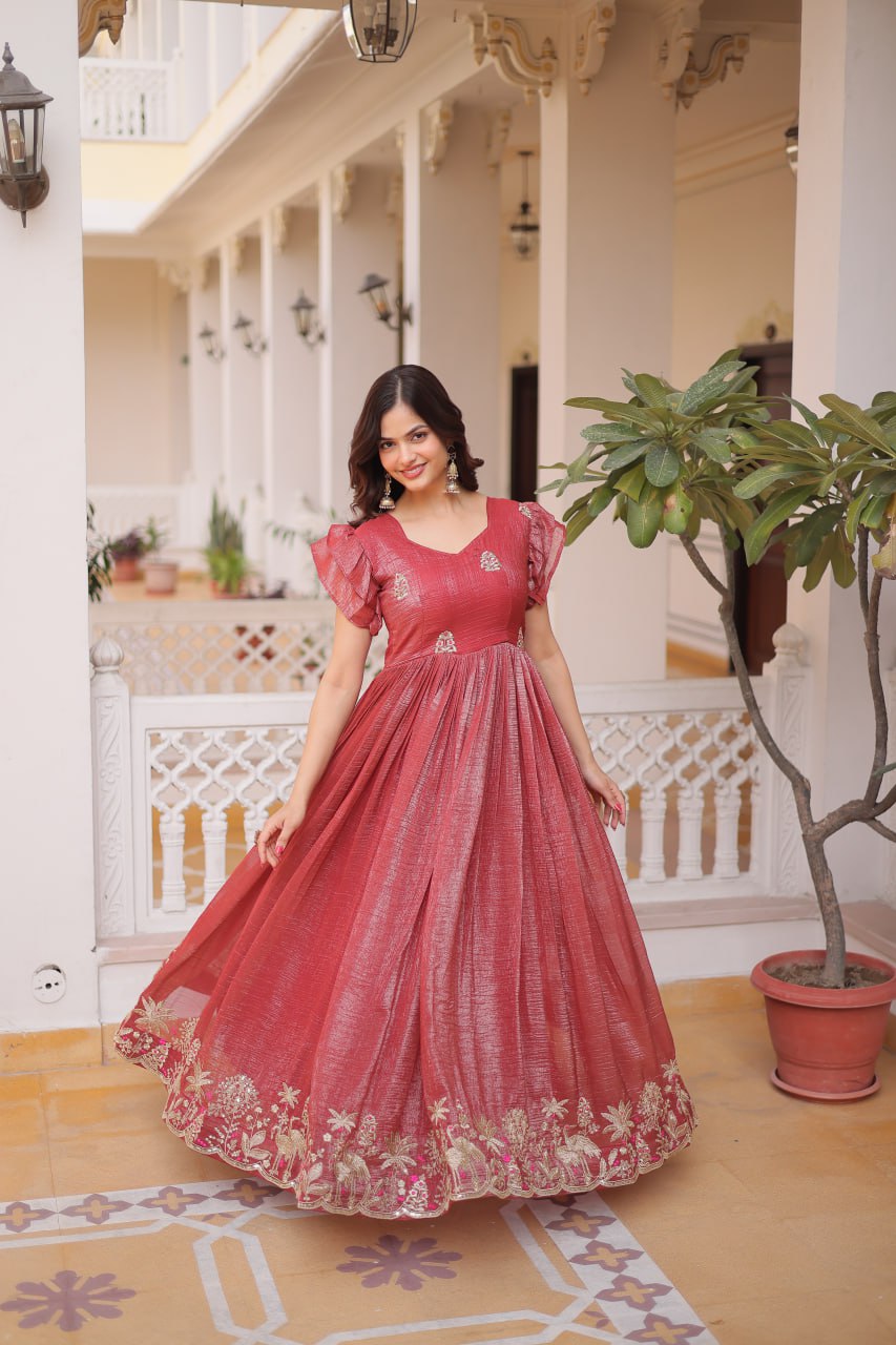 Red Crunchy Gown Double Frill Sleeves ClothsVilla