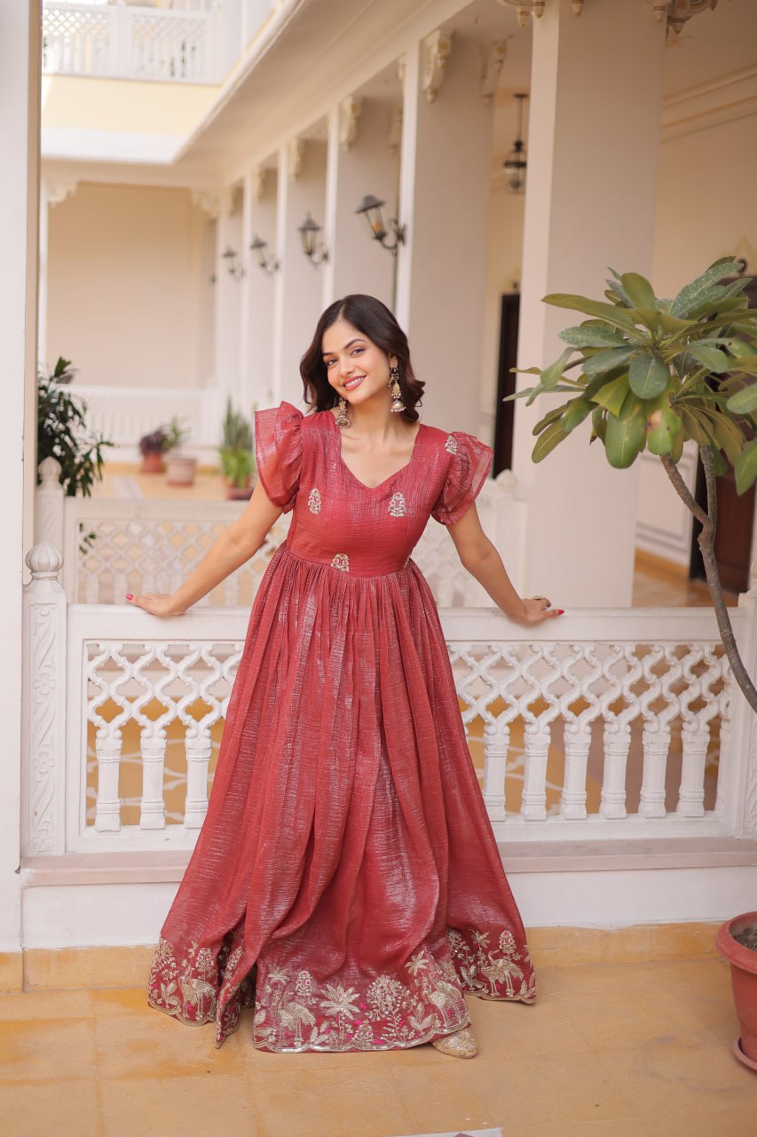 Red Crunchy Gown Double Frill Sleeves ClothsVilla