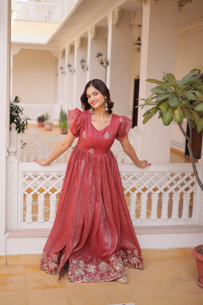 Red Crunchy Gown Double Frill Sleeves ClothsVilla