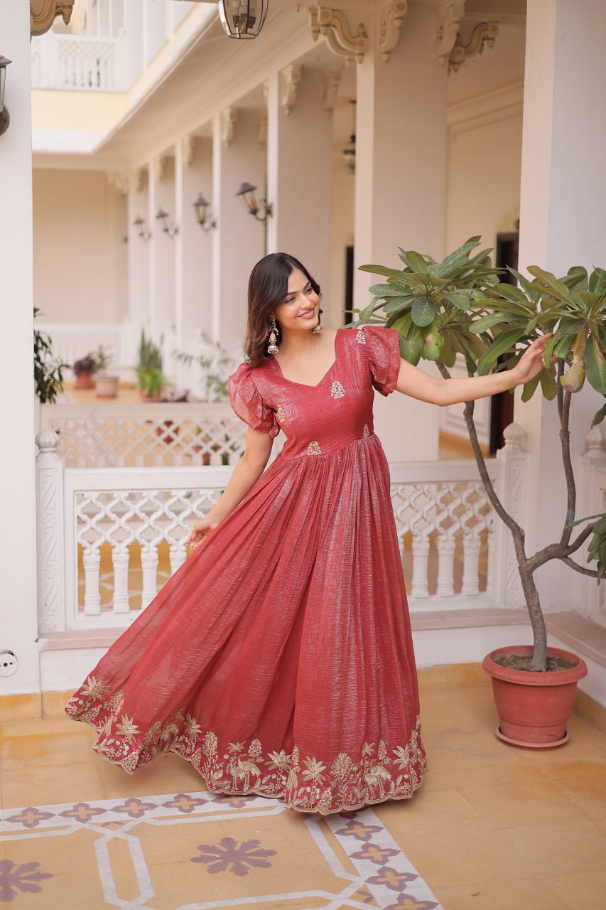 Red Crunchy Gown Double Frill Sleeves ClothsVilla