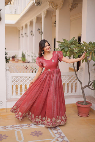 Red Crunchy Gown Double Frill Sleeves ClothsVilla