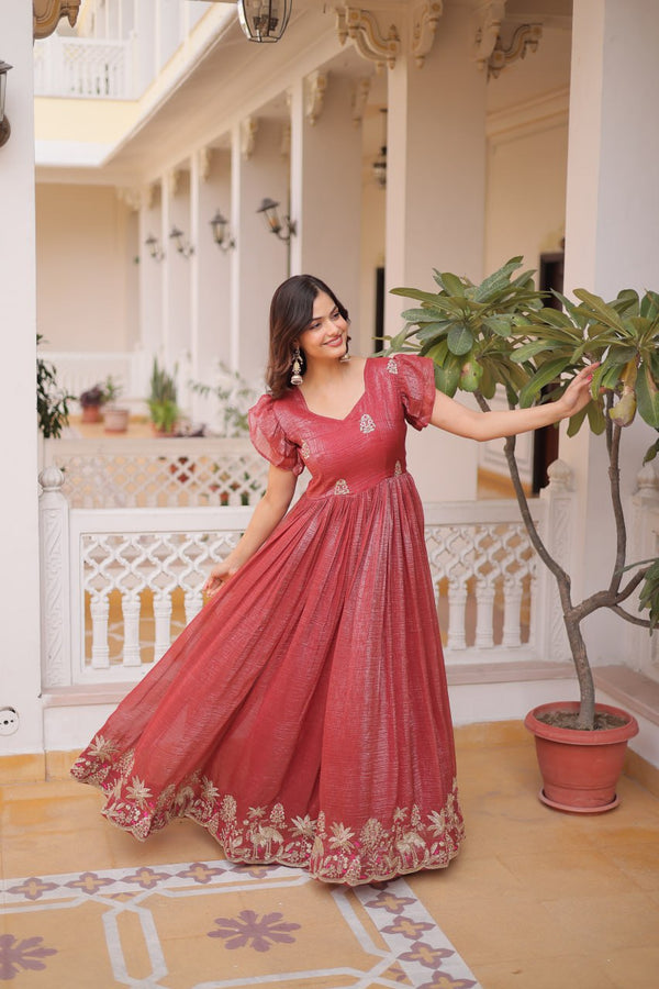 Red Crunchy Gown Double Frill Sleeves ClothsVilla