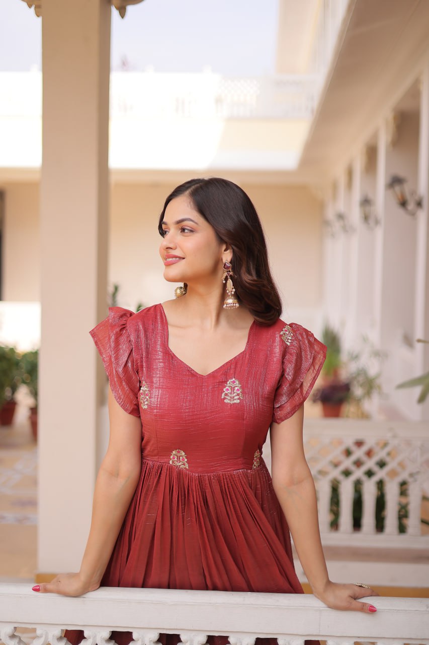Red Crunchy Gown Double Frill Sleeves ClothsVilla