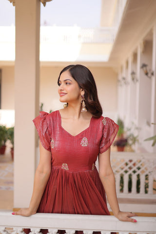 Red Crunchy Gown Double Frill Sleeves ClothsVilla