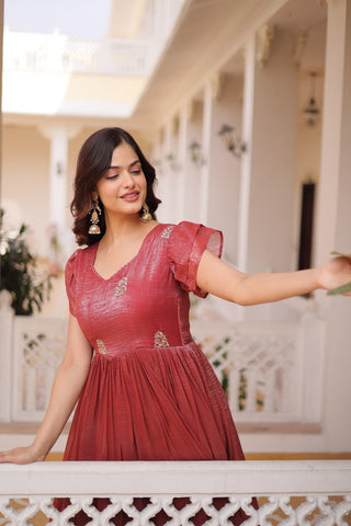 Red Crunchy Gown Double Frill Sleeves ClothsVilla