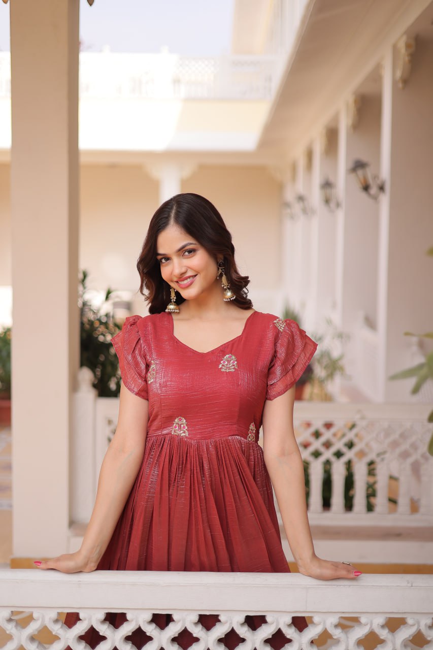 Red Crunchy Gown Double Frill Sleeves ClothsVilla