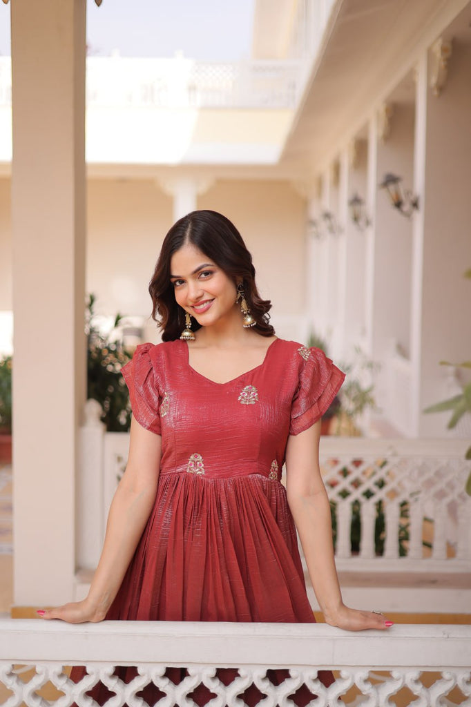 Red Crunchy Gown Double Frill Sleeves ClothsVilla