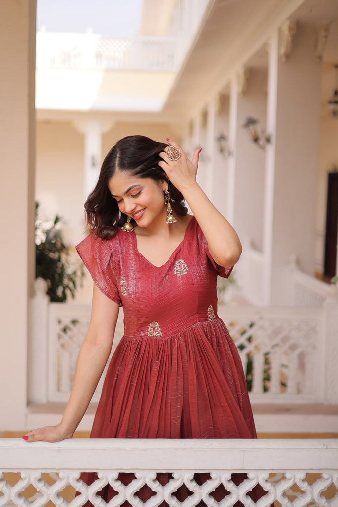 Red Crunchy Gown Double Frill Sleeves ClothsVilla