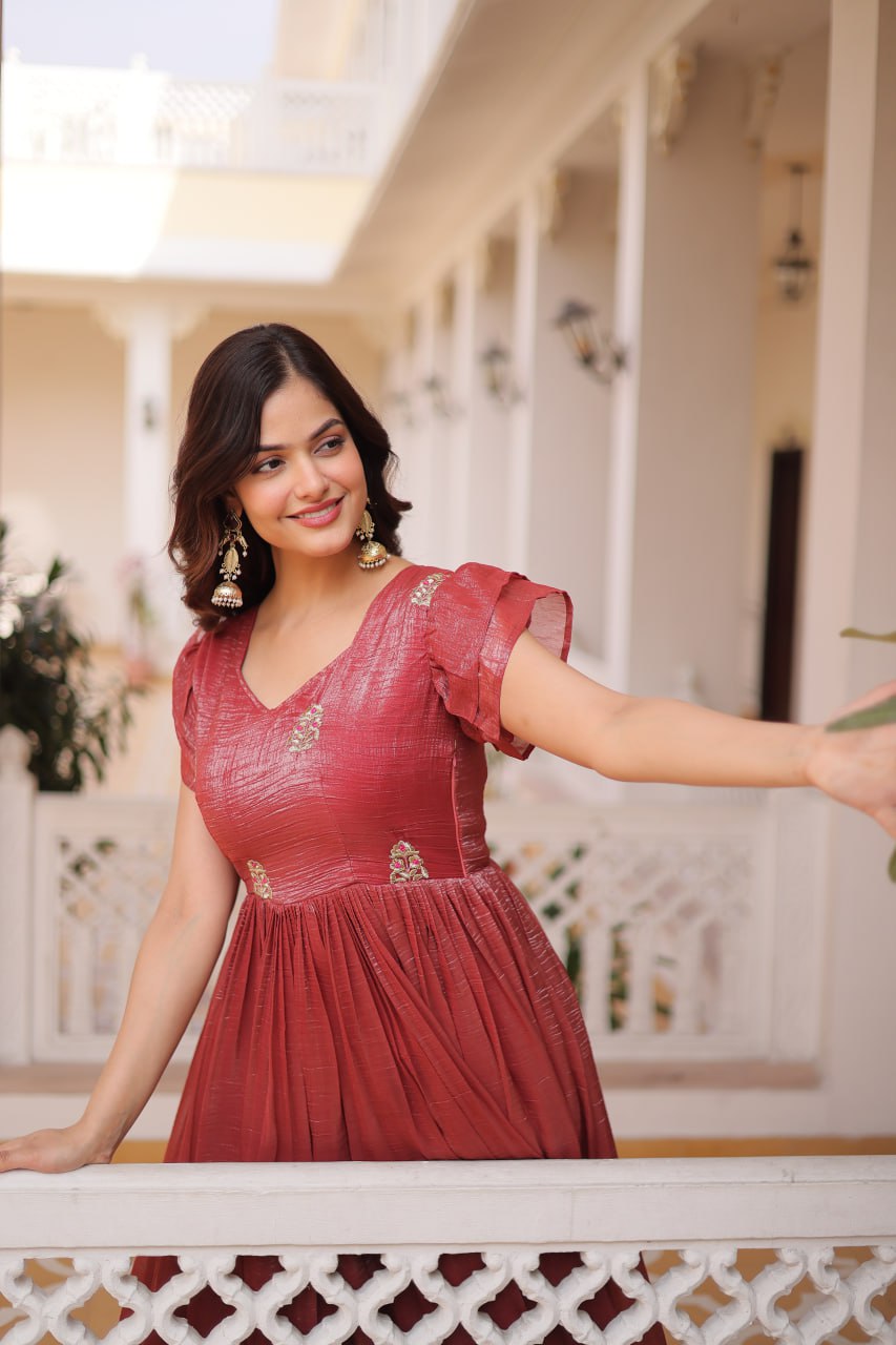 Red Crunchy Gown Double Frill Sleeves ClothsVilla
