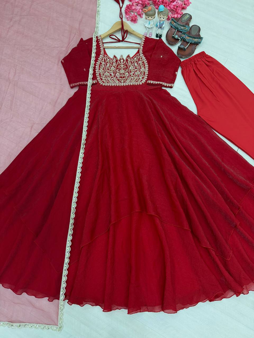 Red Crush Silk Embroidered Gown ClothsVilla