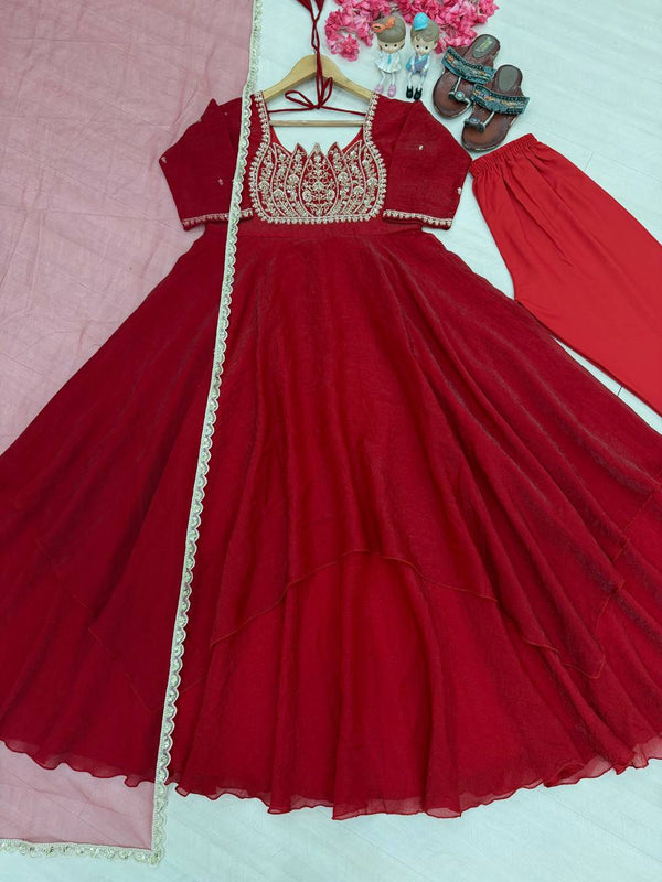Red Crush Silk Embroidered Gown ClothsVilla