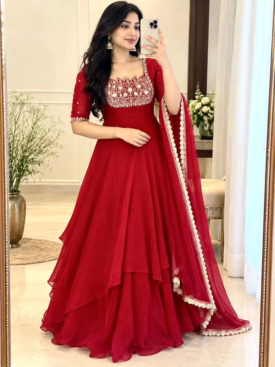 Red Crush Silk Embroidered Gown ClothsVilla