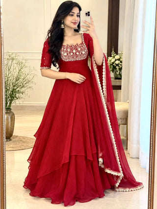 Red Crush Silk Embroidered Gown ClothsVilla