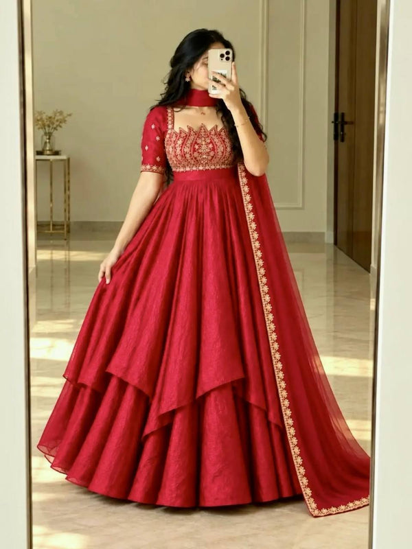 Red Crush Silk Embroidered Gown ClothsVilla