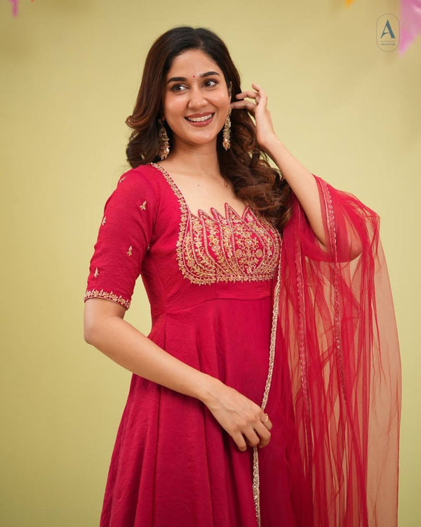 Red Crush Silk Embroidered Gown ClothsVilla