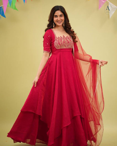 Red Crush Silk Embroidered Gown ClothsVilla Main image