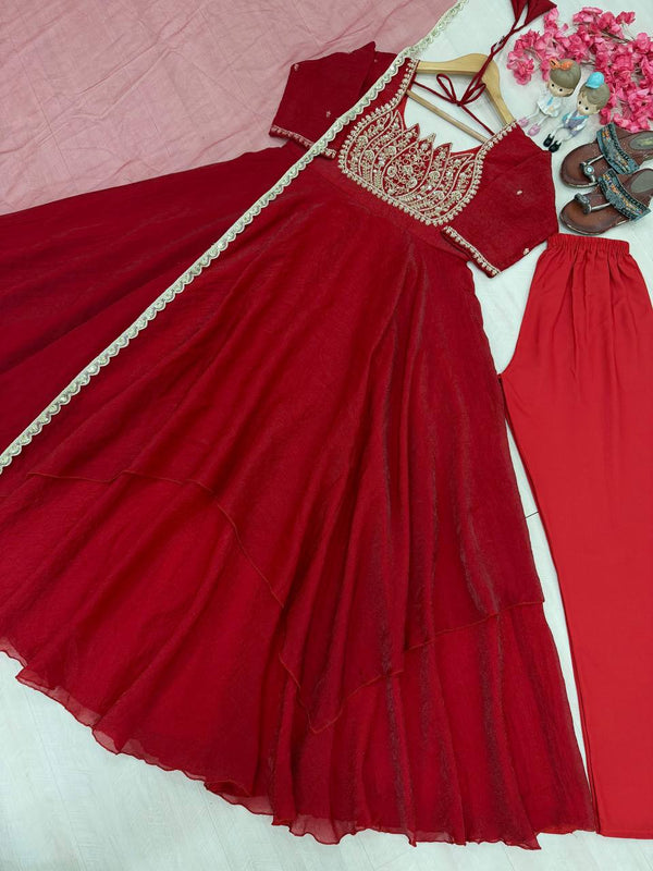 Red Crush Silk Embroidered Gown ClothsVilla