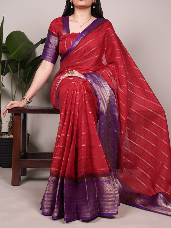 Red Designer Crepe Saree with Elegant Zari Weaving & Matching Unstitched Blouse – Festive & Party Wear ClothsVilla