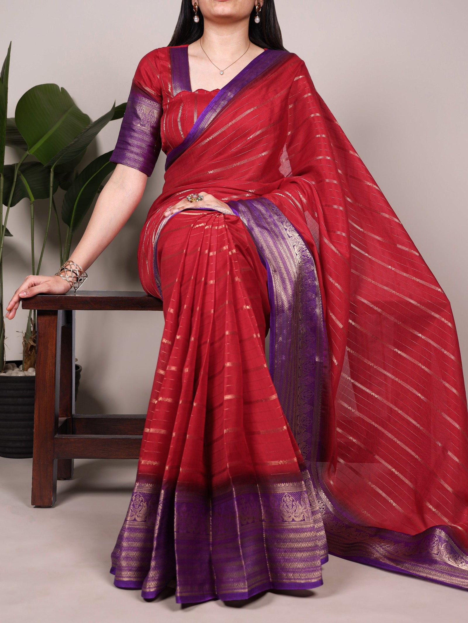 Red Designer Crepe Saree with Elegant Zari Weaving & Matching Unstitched Blouse – Festive & Party Wear ClothsVilla