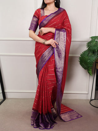 Red Designer Crepe Saree with Elegant Zari Weaving & Matching Unstitched Blouse – Festive & Party Wear ClothsVilla