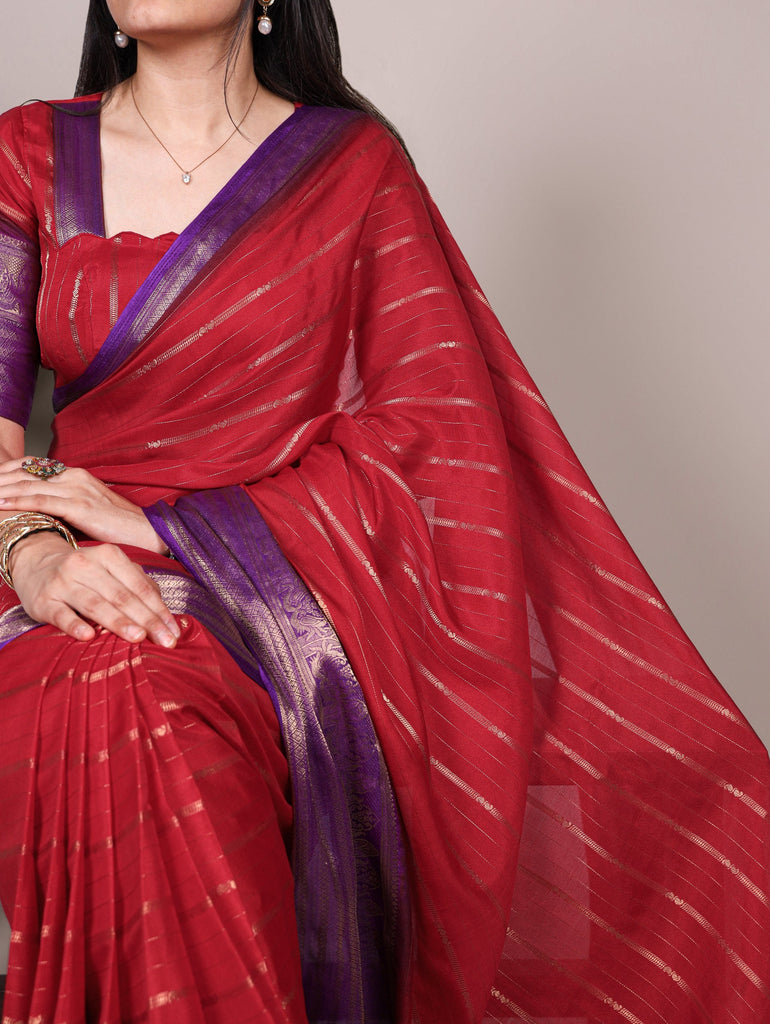Red Designer Crepe Saree with Elegant Zari Weaving & Matching Unstitched Blouse – Festive & Party Wear ClothsVilla
