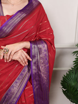 Red Designer Crepe Saree with Elegant Zari Weaving & Matching Unstitched Blouse – Festive & Party Wear ClothsVilla