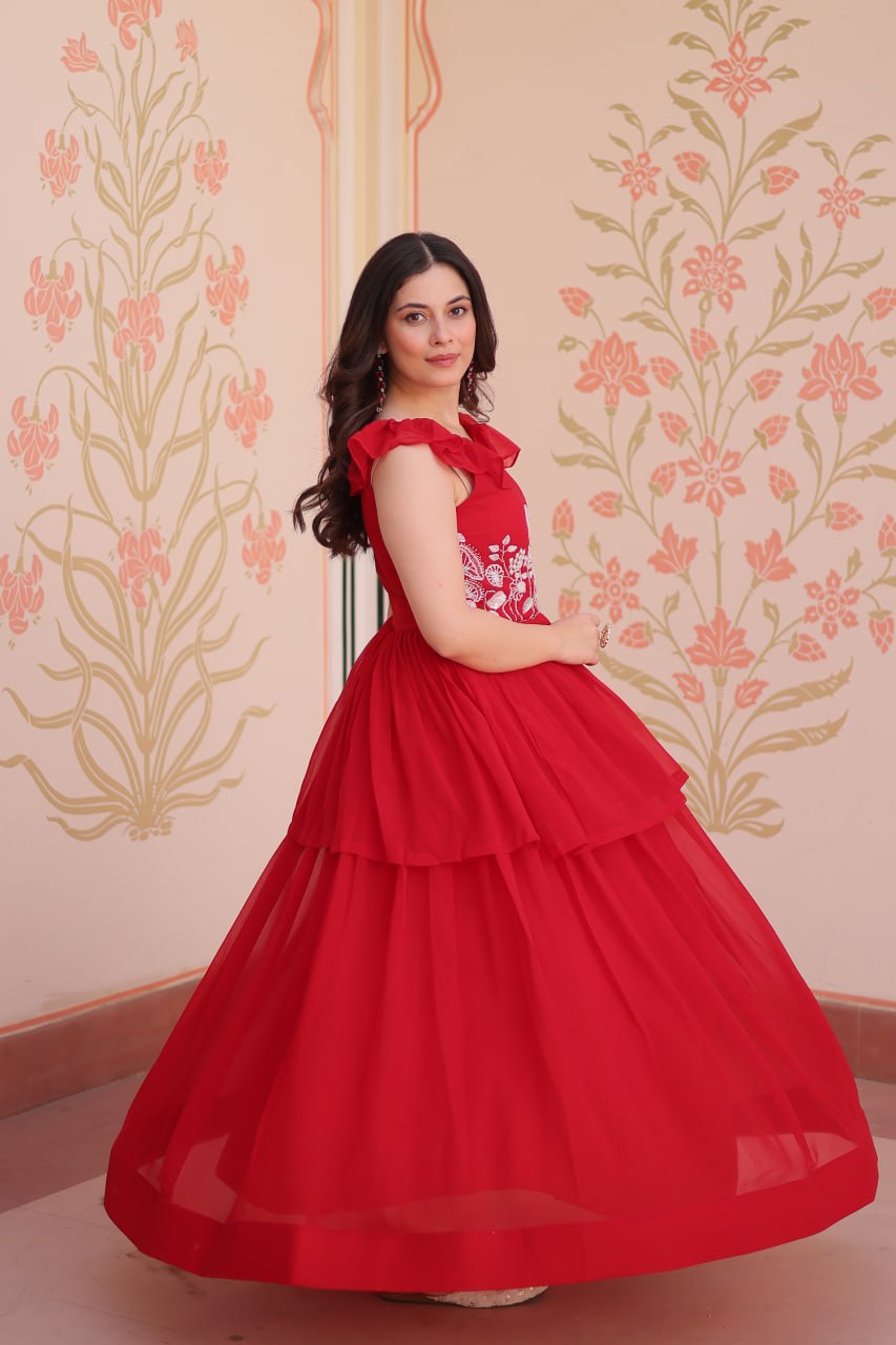 Red Designer Faux Blooming Embroidered Gown with Bead Work & Canvas Patta Clothsvilla