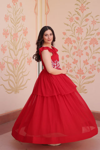Red Designer Faux Blooming Embroidered Gown with Bead Work & Canvas Patta Clothsvilla