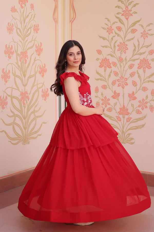 Red Designer Faux Blooming Embroidered Gown with Bead Work & Canvas Patta Clothsvilla