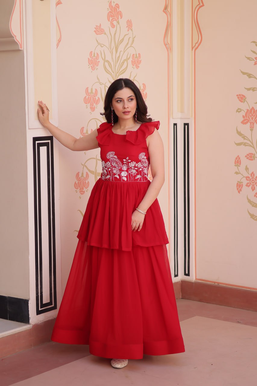 Red Designer Faux Blooming Embroidered Gown with Bead Work & Canvas Patta Clothsvilla