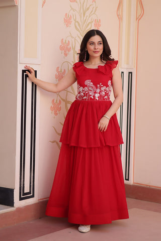 Red Designer Faux Blooming Embroidered Gown with Bead Work & Canvas Patta Clothsvilla
