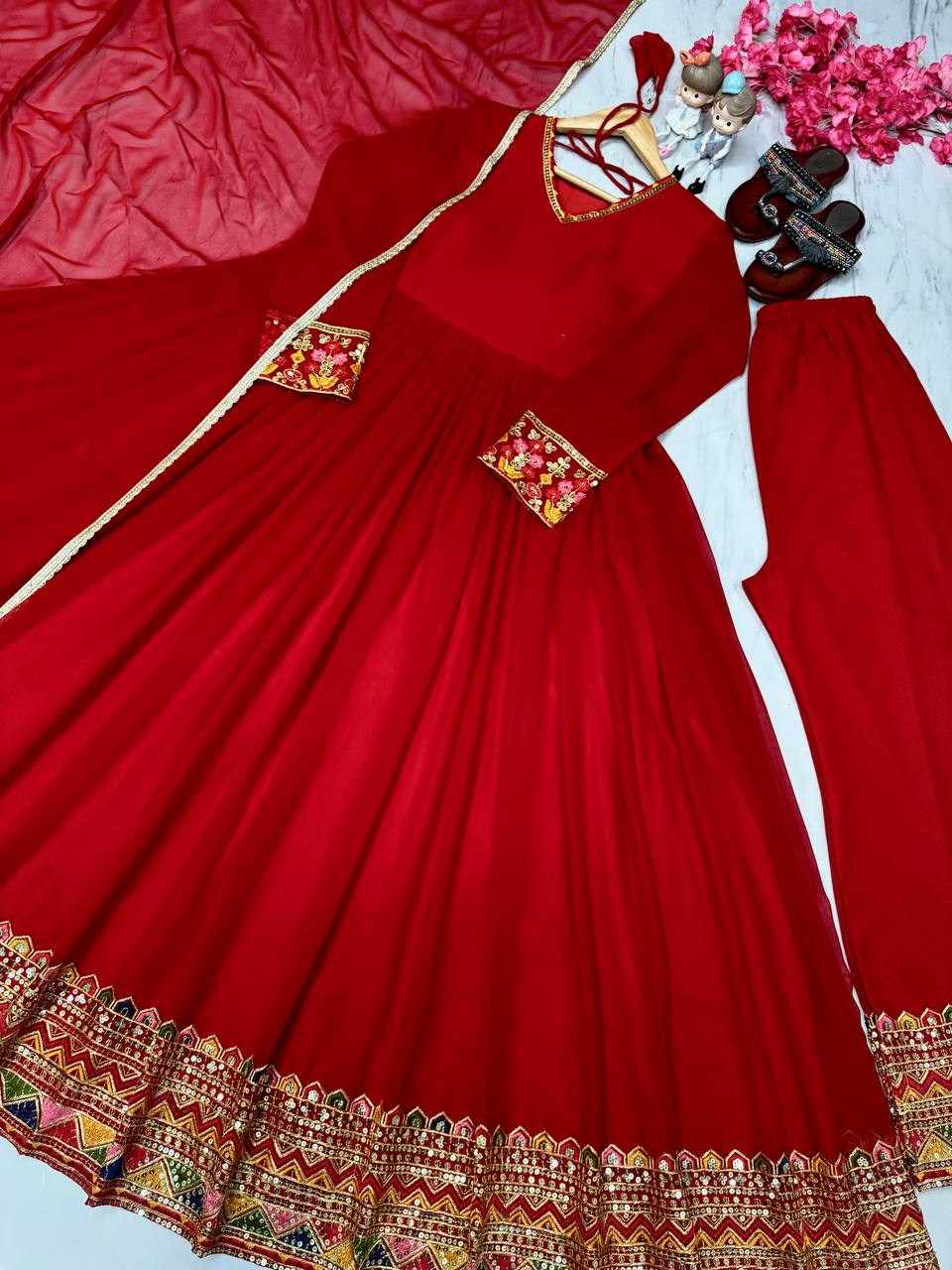 Red Designer Festivals & Party Wear Fancy Anarkali Gown, Dupatta & Plazzo Set – Elegant Embroidered Ensemble Clothsvilla