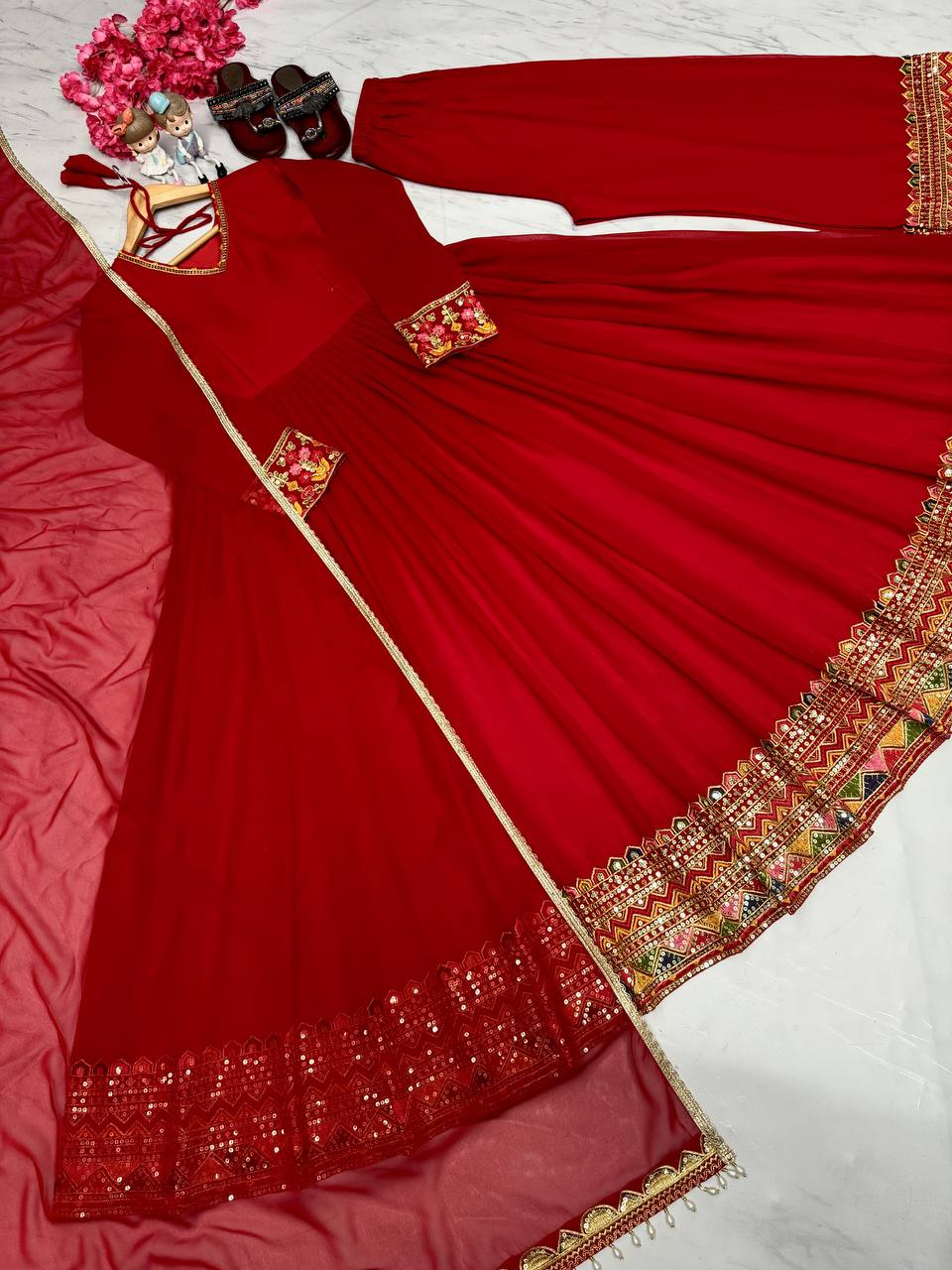 Red Designer Festivals & Party Wear Fancy Anarkali Gown, Dupatta & Plazzo Set – Elegant Embroidered Ensemble Clothsvilla