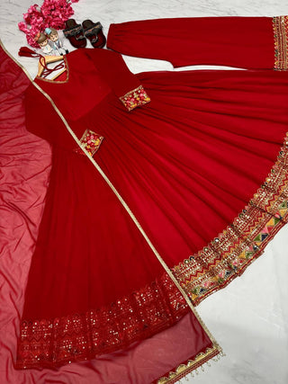Red Designer Festivals & Party Wear Fancy Anarkali Gown, Dupatta & Plazzo Set – Elegant Embroidered Ensemble Clothsvilla