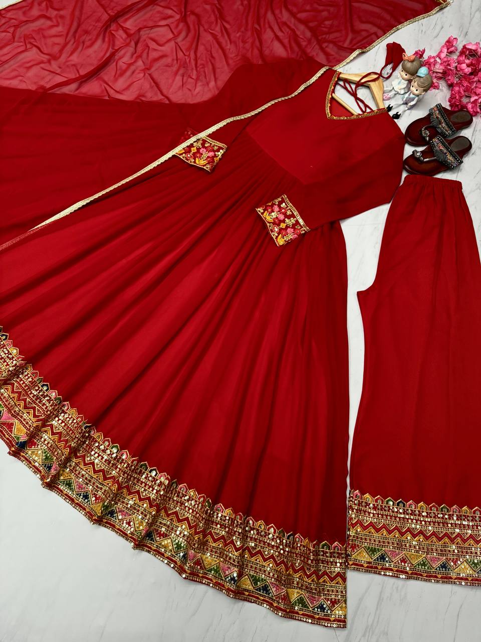 Red Designer Festivals & Party Wear Fancy Anarkali Gown, Dupatta & Plazzo Set – Elegant Embroidered Ensemble Clothsvilla