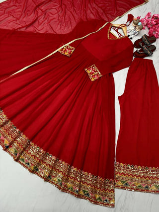 Red Designer Festivals & Party Wear Fancy Anarkali Gown, Dupatta & Plazzo Set – Elegant Embroidered Ensemble Clothsvilla