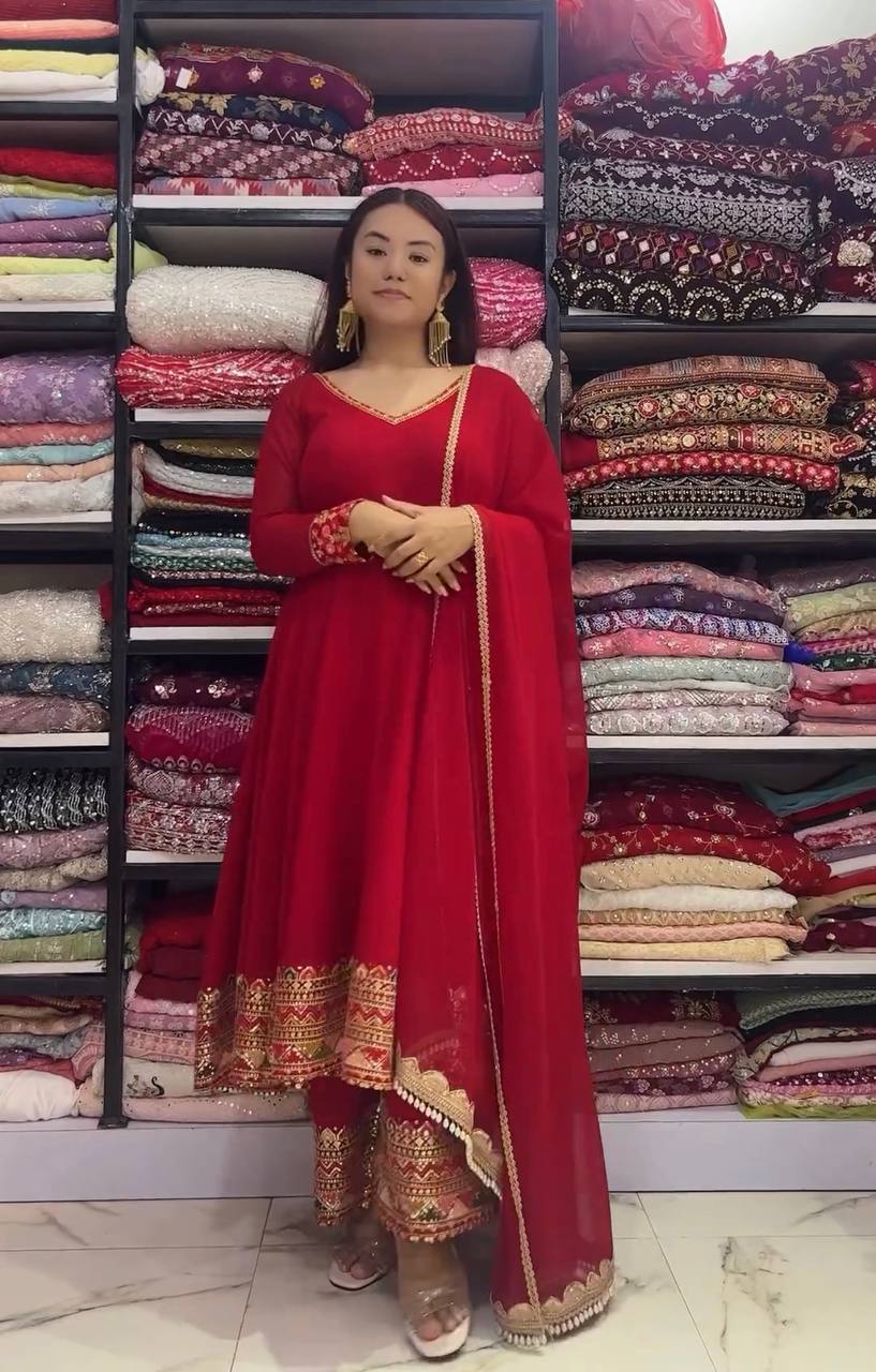 Red Designer Festivals & Party Wear Fancy Anarkali Gown, Dupatta & Plazzo Set – Elegant Embroidered Ensemble Secondary image