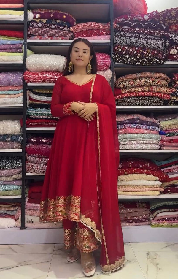 Red Designer Festivals & Party Wear Fancy Anarkali Gown, Dupatta & Plazzo Set – Elegant Embroidered Ensemble Clothsvilla