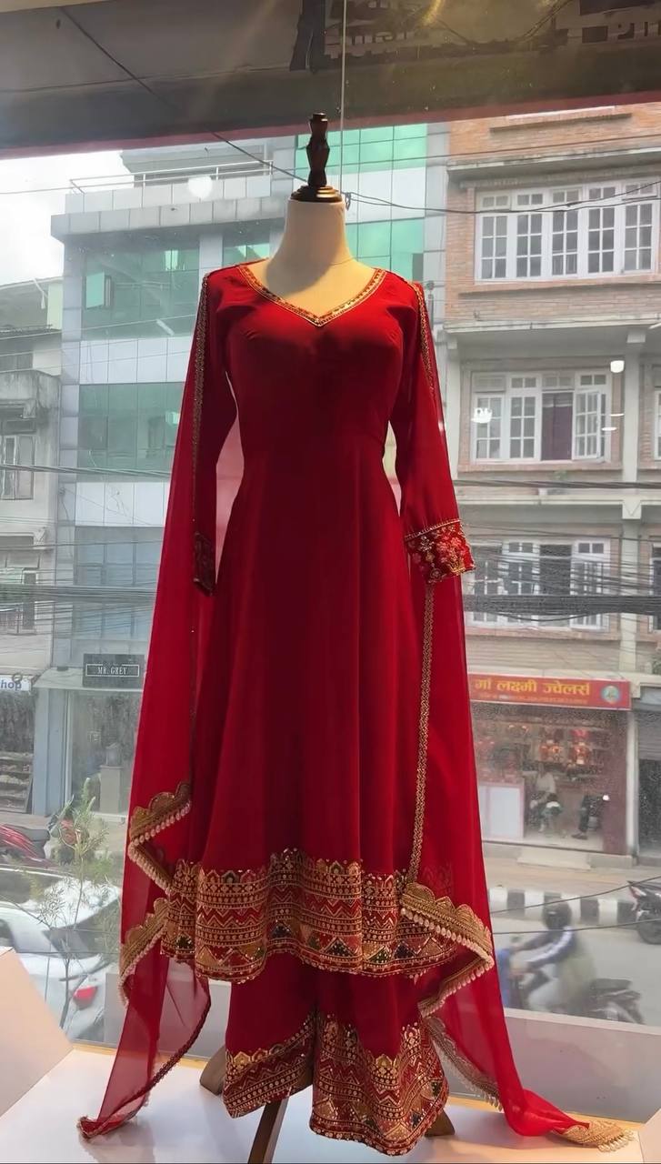 Red Designer Festivals & Party Wear Fancy Anarkali Gown, Dupatta & Plazzo Set – Elegant Embroidered Ensemble XXL