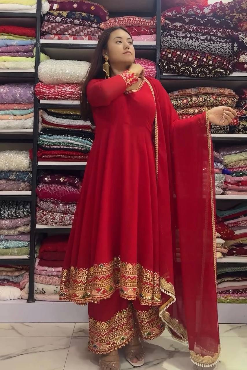 Red Designer Festivals & Party Wear Fancy Anarkali Gown, Dupatta & Plazzo Set – Elegant Embroidered Ensemble Clothsvilla