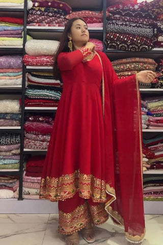 Red Designer Festivals & Party Wear Fancy Anarkali Gown, Dupatta & Plazzo Set – Elegant Embroidered Ensemble Clothsvilla