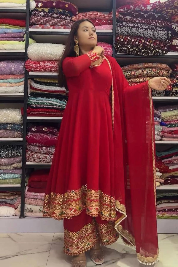 Red Designer Festivals & Party Wear Fancy Anarkali Gown, Dupatta & Plazzo Set – Elegant Embroidered Ensemble Clothsvilla
