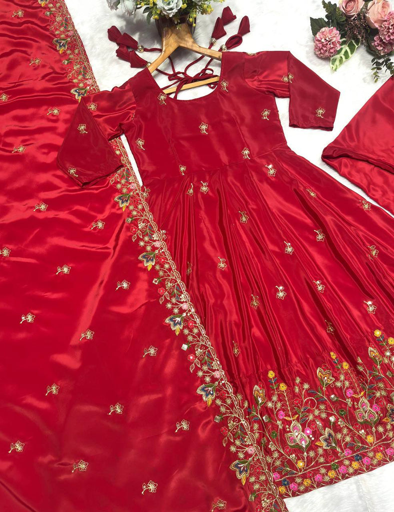 Red Designer Heavy Embroidered Gown Palazzo Set