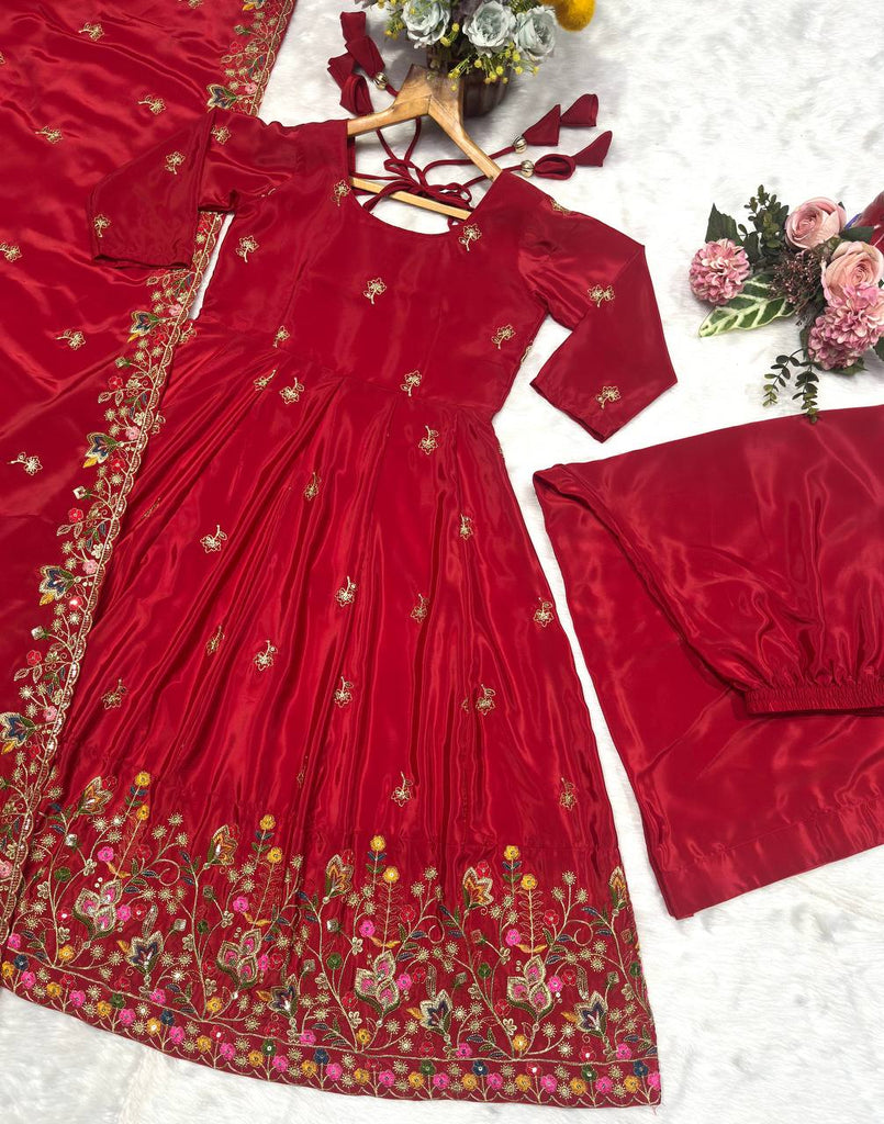 Red Designer Heavy Embroidered Gown Palazzo Set
