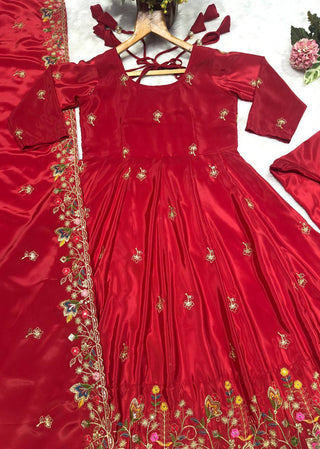 Red Designer Heavy Embroidered Gown Palazzo Set