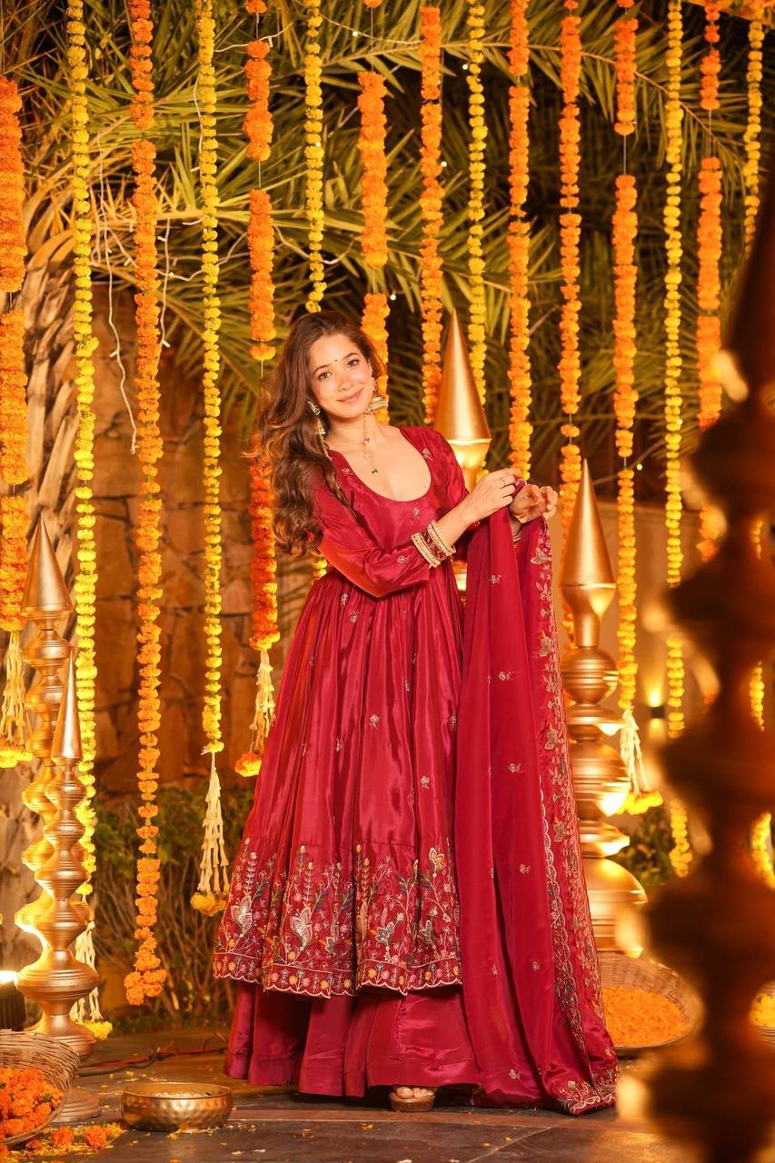 Red Designer Heavy Embroidered Gown Palazzo Set