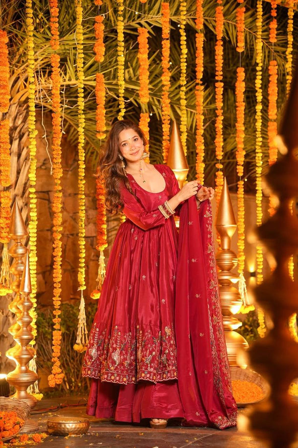 Red Designer Heavy Embroidered Gown Palazzo Set