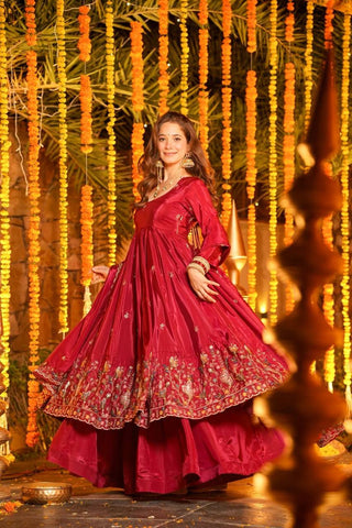 Red Designer Heavy Embroidered Gown Palazzo Set