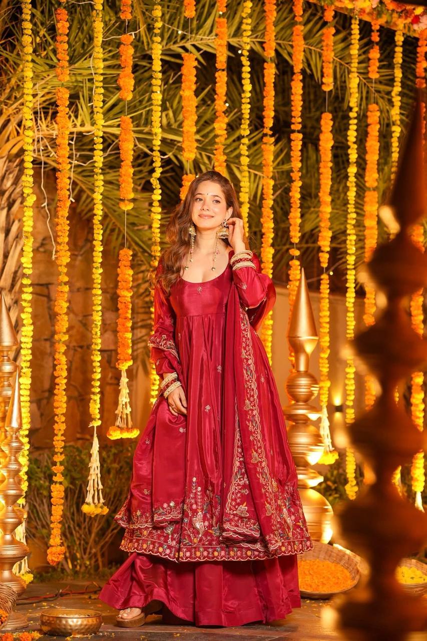 Red Designer Heavy Embroidered Gown Palazzo Set